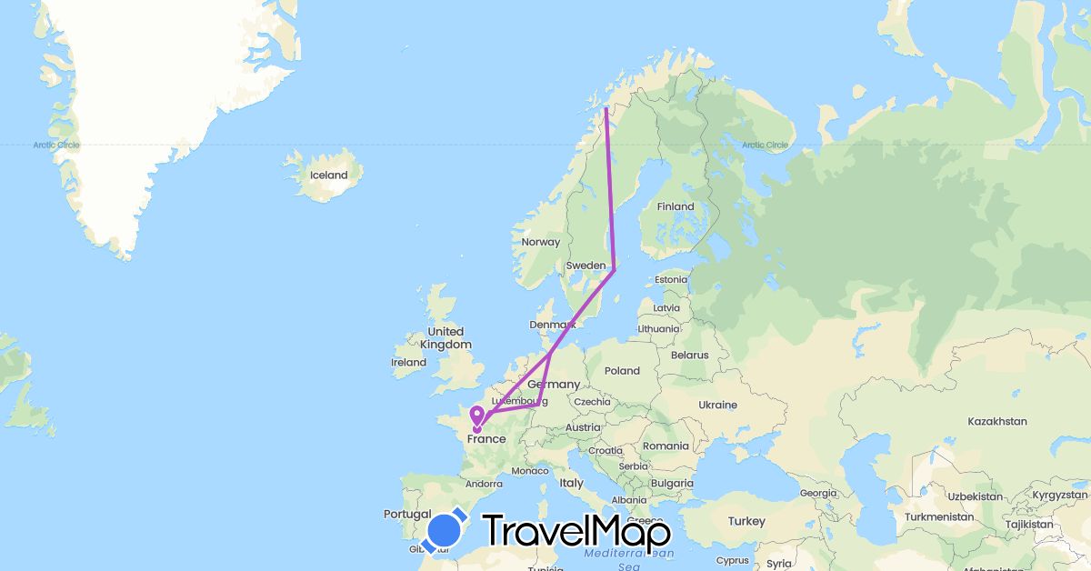 TravelMap itinerary: train in Germany, Denmark, France, Norway, Sweden (Europe)